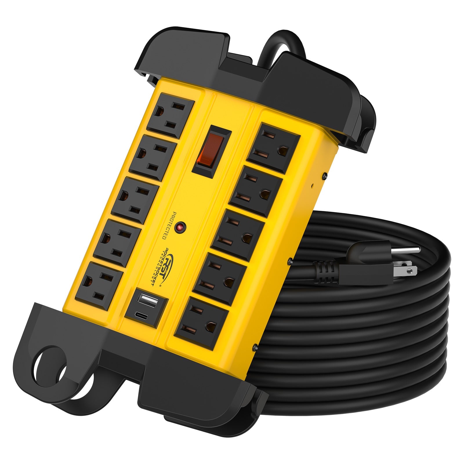 CRST 10-Outlet Metal Power Strip Surge Protector, 2800 Joules, 6FT/15FT Heavy Duty power Cord, USB-C & USB-A Ports, Cord Wrap Management, Wall Mountable Design