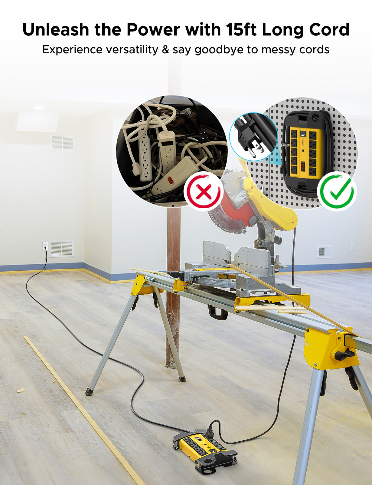 CRST 10-Outlet Metal Power Strip Surge Protector, 2800 Joules, 6FT/15FT Heavy Duty power Cord, USB-C & USB-A Ports, Cord Wrap Management, Wall Mountable Design