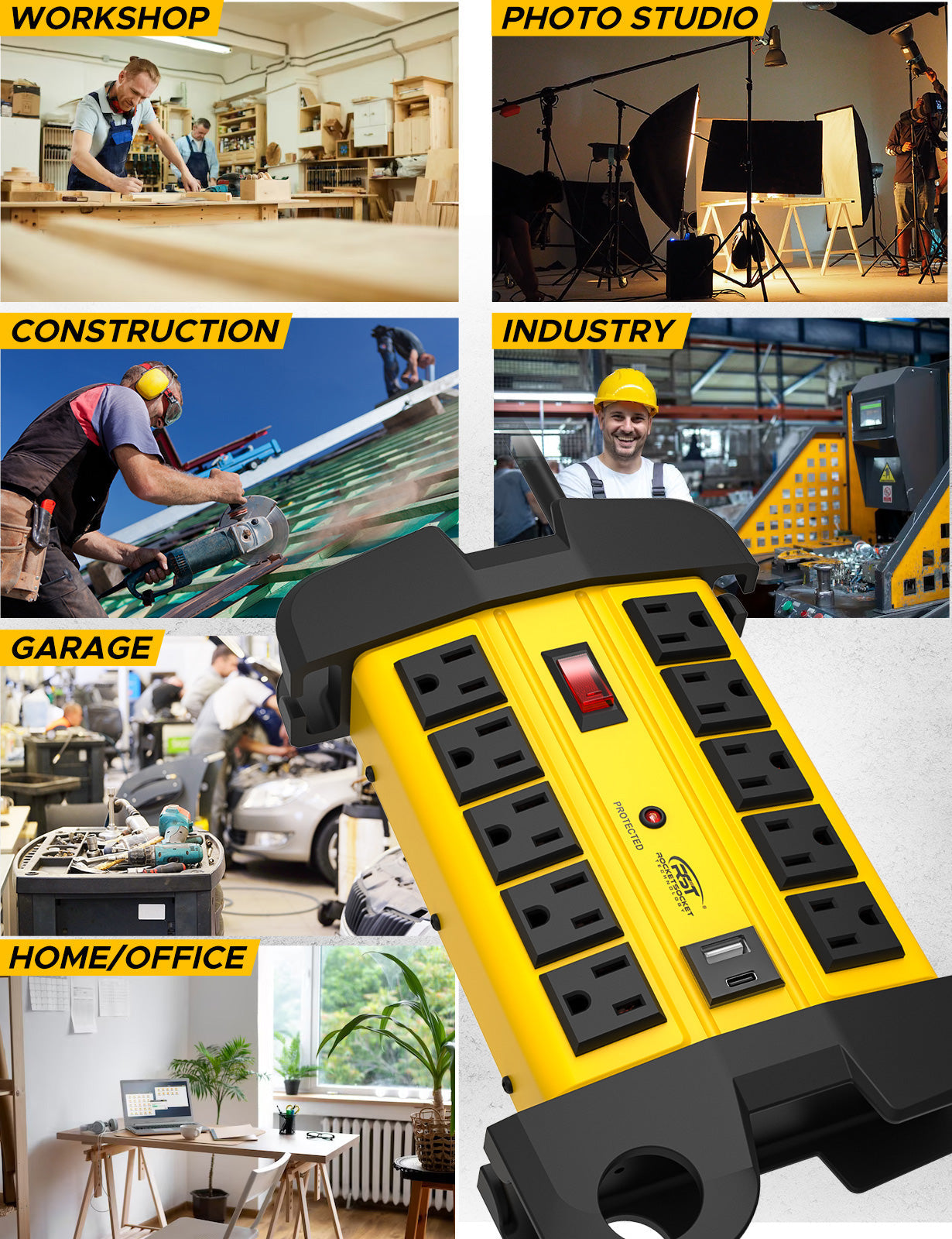 CRST 10-Outlet Metal Power Strip Surge Protector, 2800 Joules, 6FT/15FT Heavy Duty power Cord, USB-C & USB-A Ports, Cord Wrap Management, Wall Mountable Design