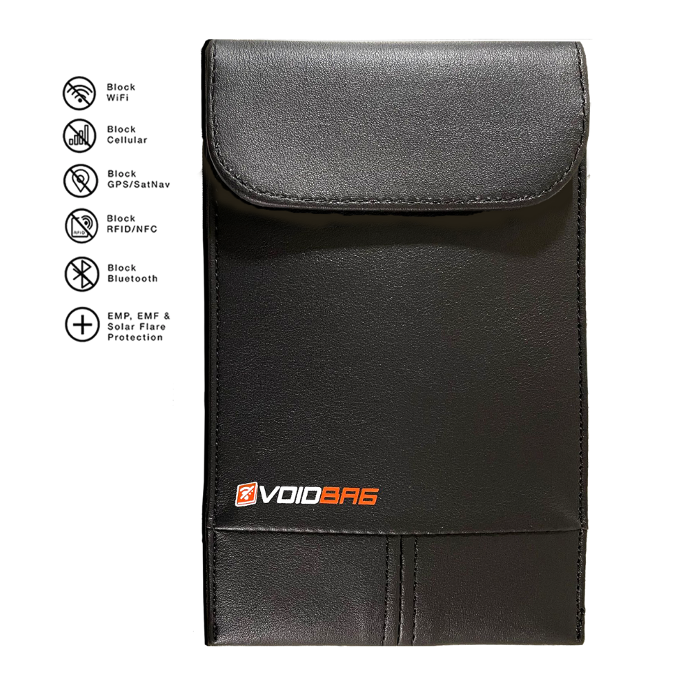 Black anti-radiation pouch with VOIDBAG branding on a white background
