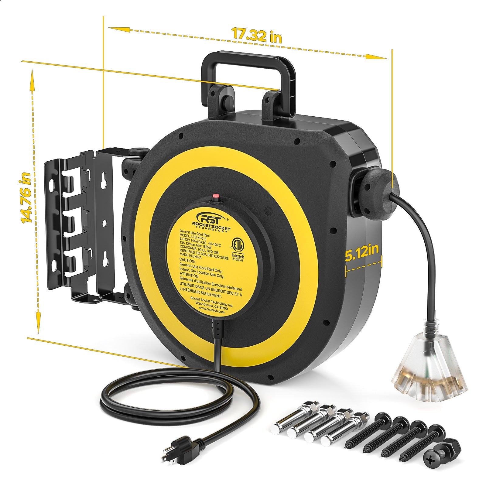 CRST 14AWG 50FT Retractable Cord Reel, Lighted Triple Tap, 13A Circuit Breaker, 180° Swivel, Auto Retraction, UL Listed, 36-Month Warranty