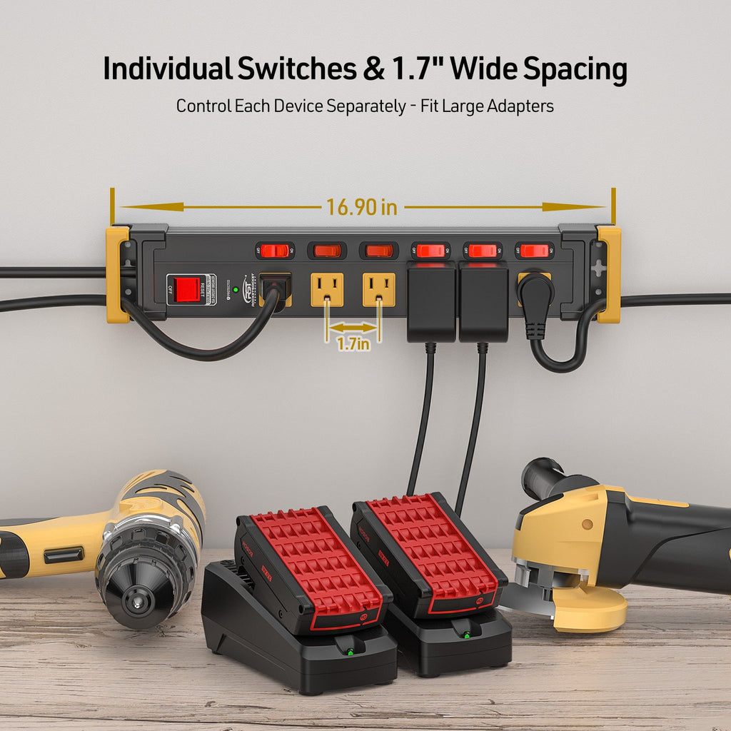 CRST 6-Outlet Metal Power Strip Surge Protector with Individual Switches, 1020 Joules, 6ft Heavy Duty 14AWG Cord, Dual Adjustable Cord Managers, Wall Mountable Power Bar for Workshop Garage Home Office