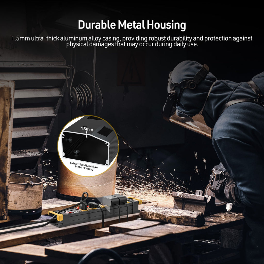 CRST 6-Outlet Metal Power Strip Surge Protector with Individual Switches, 1020 Joules, 6ft Heavy Duty 14AWG Cord, Dual Adjustable Cord Managers, Wall Mountable Power Bar for Workshop Garage Home Office