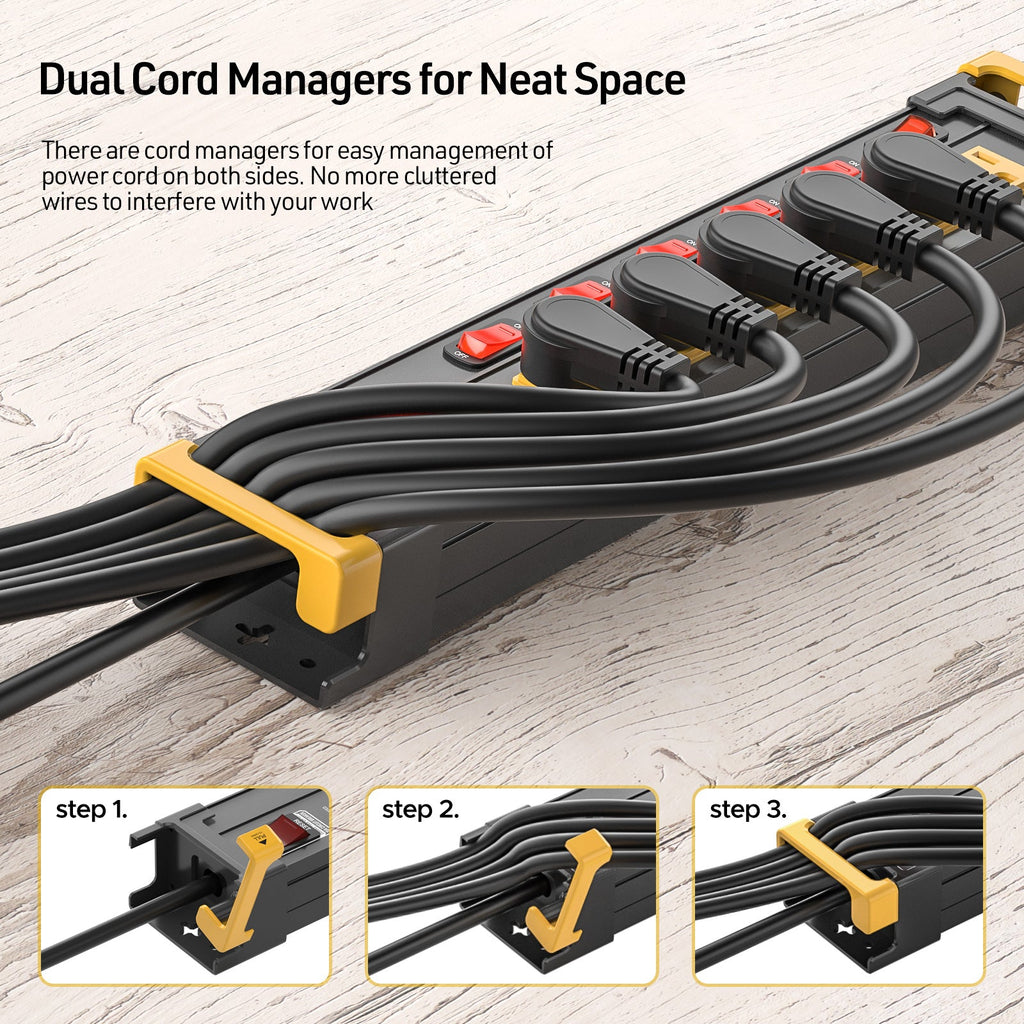 CRST 6-Outlet Metal Power Strip Surge Protector with Individual Switches, 1020 Joules, 6ft Heavy Duty 14AWG Cord, Dual Adjustable Cord Managers, Wall Mountable Power Bar for Workshop Garage Home Office