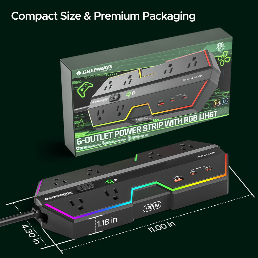 Gaming Power Strip, 6 AC Outlets, 4000J Surge Protector, PD 20W Fast Charging (2 USB-C, 1 USB-A), Wide-Spaced Outlet with RGB Lights for PC, E-Sports & Home Office