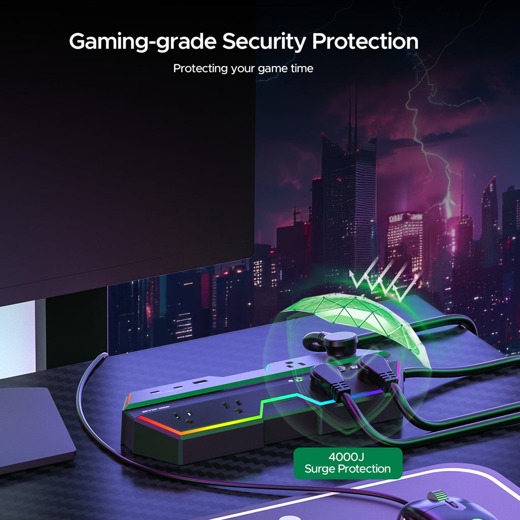 Gaming Power Strip, 6 AC Outlets, 4000J Surge Protector, PD 20W Fast Charging (2 USB-C, 1 USB-A), Wide-Spaced Outlet with RGB Lights for PC, E-Sports & Home Office
