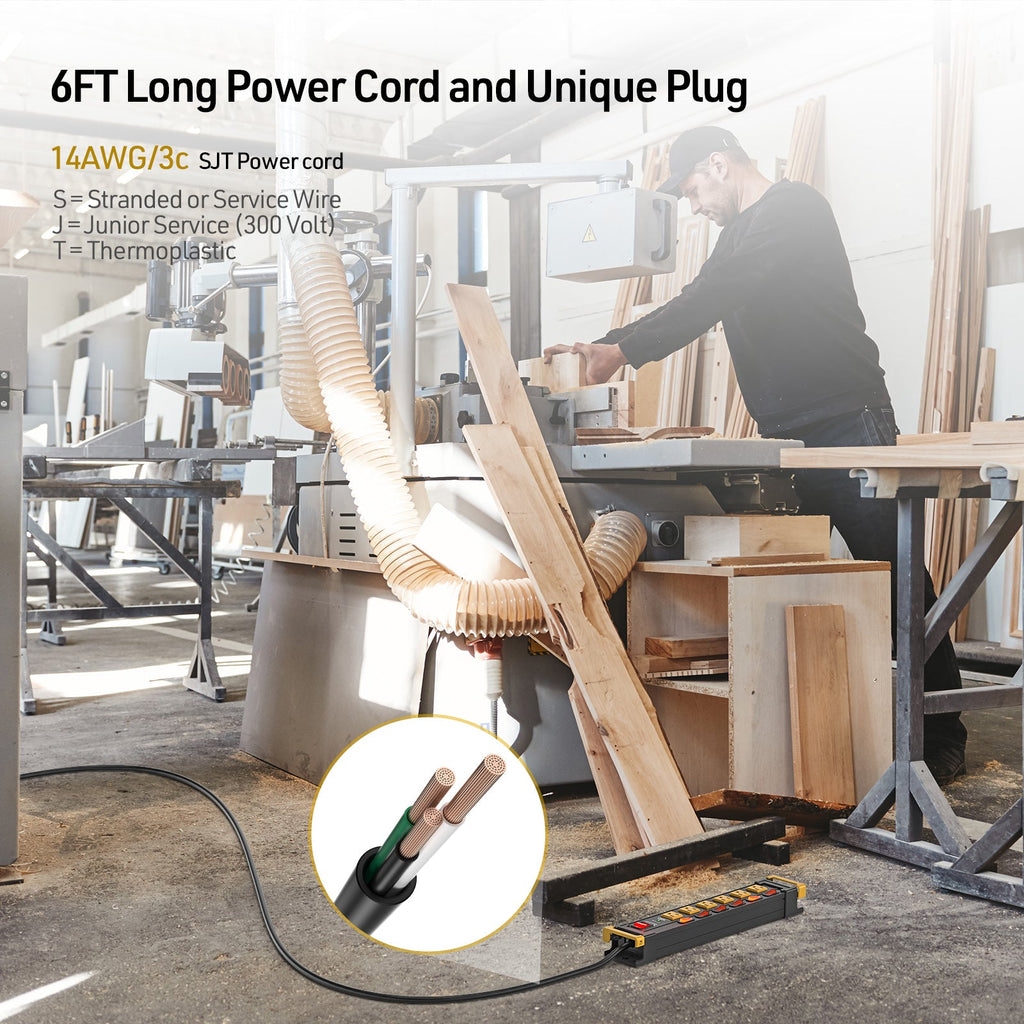 CRST 6-Outlet Metal Power Strip Surge Protector with Individual Switches, 1020 Joules, 6ft Heavy Duty 14AWG Cord, Dual Adjustable Cord Managers, Wall Mountable Power Bar for Workshop Garage Home Office