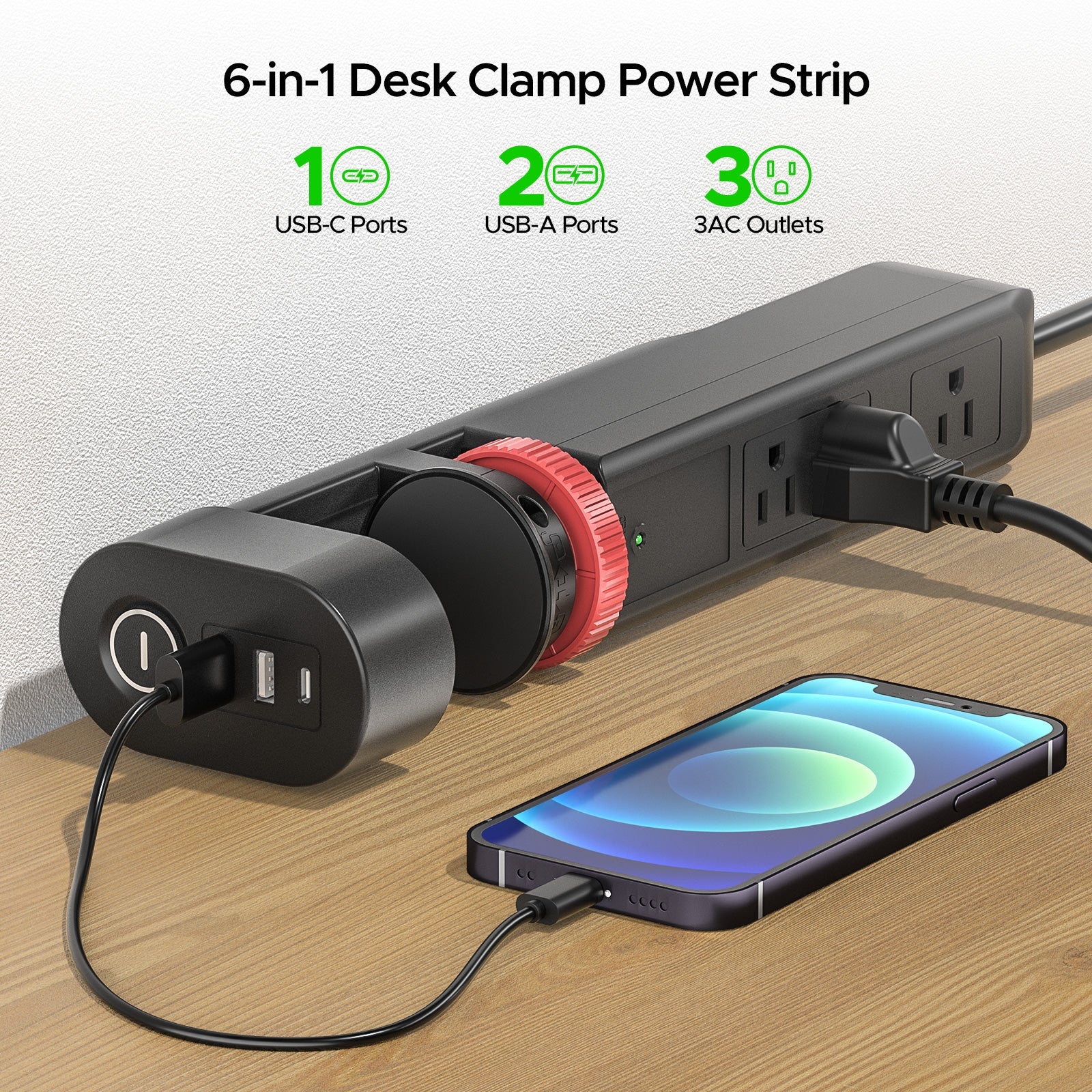 CRST Under-Desk Clamp Power Strip with 3 AC Outlets & 3 USB Ports (1 USB-C), 1020J Surge Protector, 6FT Flat Plug Extension Cord, Easy Mount Desk Charging Station for Home Office