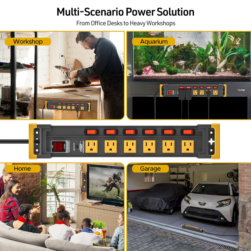 CRST 6-Outlet Metal Power Strip Surge Protector with Individual Switches, 1020 Joules, 6ft Heavy Duty 14AWG Cord, Dual Adjustable Cord Managers, Wall Mountable Power Bar for Workshop Garage Home Office