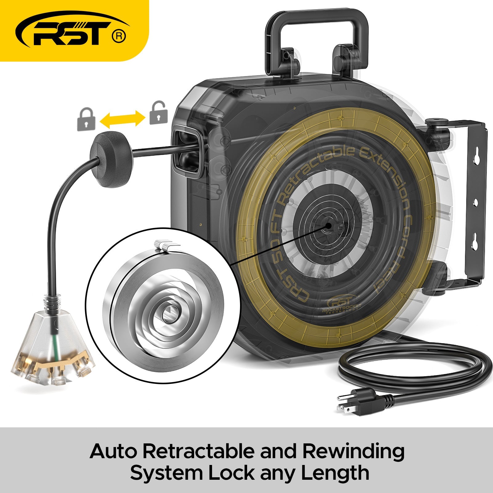 CRST 14AWG 50FT Retractable Cord Reel, Lighted Triple Tap, 13A Circuit Breaker, 180° Swivel, Auto Retraction, UL Listed, 36-Month Warranty