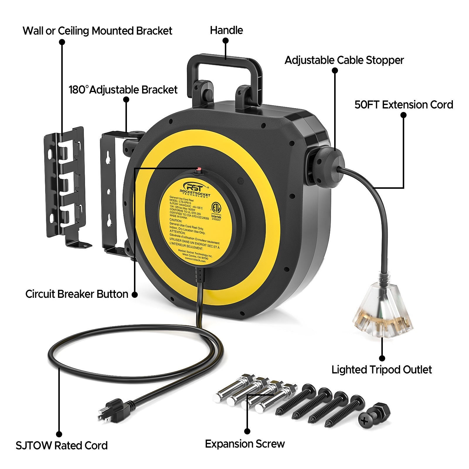 CRST 14AWG 50FT Retractable Cord Reel, Lighted Triple Tap, 13A Circuit Breaker, 180° Swivel, Auto Retraction, UL Listed, 36-Month Warranty