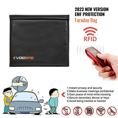 Black Faraday bag with RFID protection features, including a hand holding a phone and cartoon illustrations.