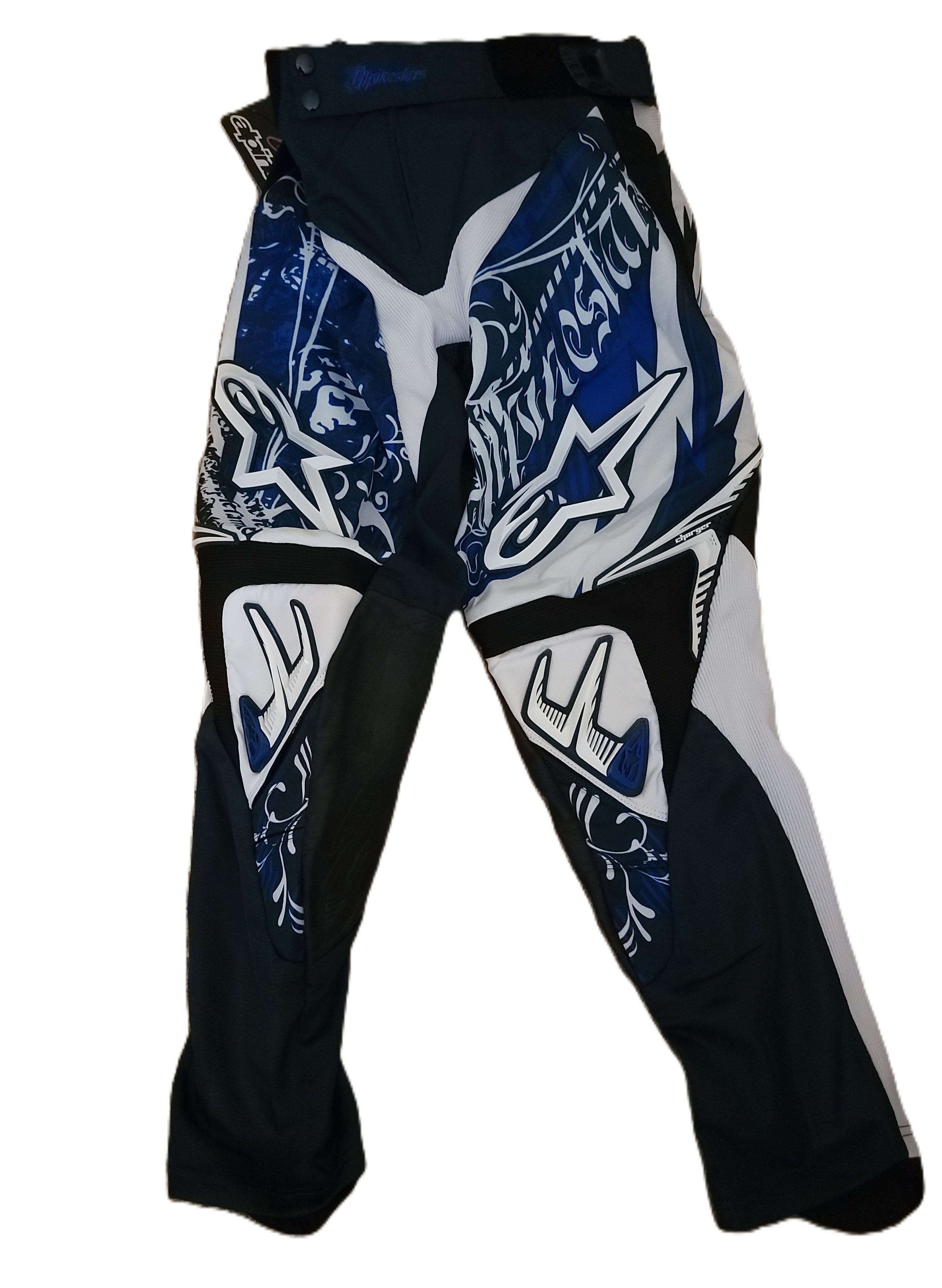 Motocross pants with blue and white design on a white background