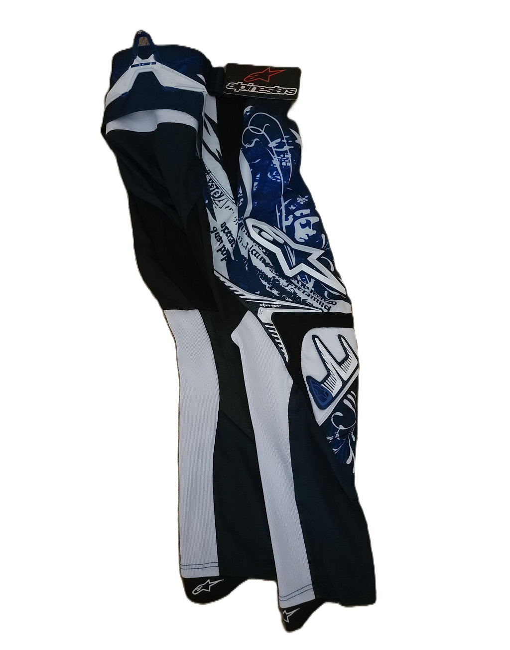 Pair of motocross pants with black, white, and blue design on a white background