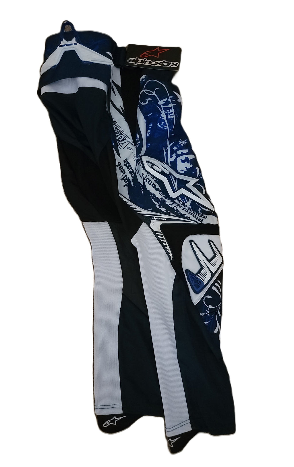 Motocross pants with blue, white, and black design on a white background