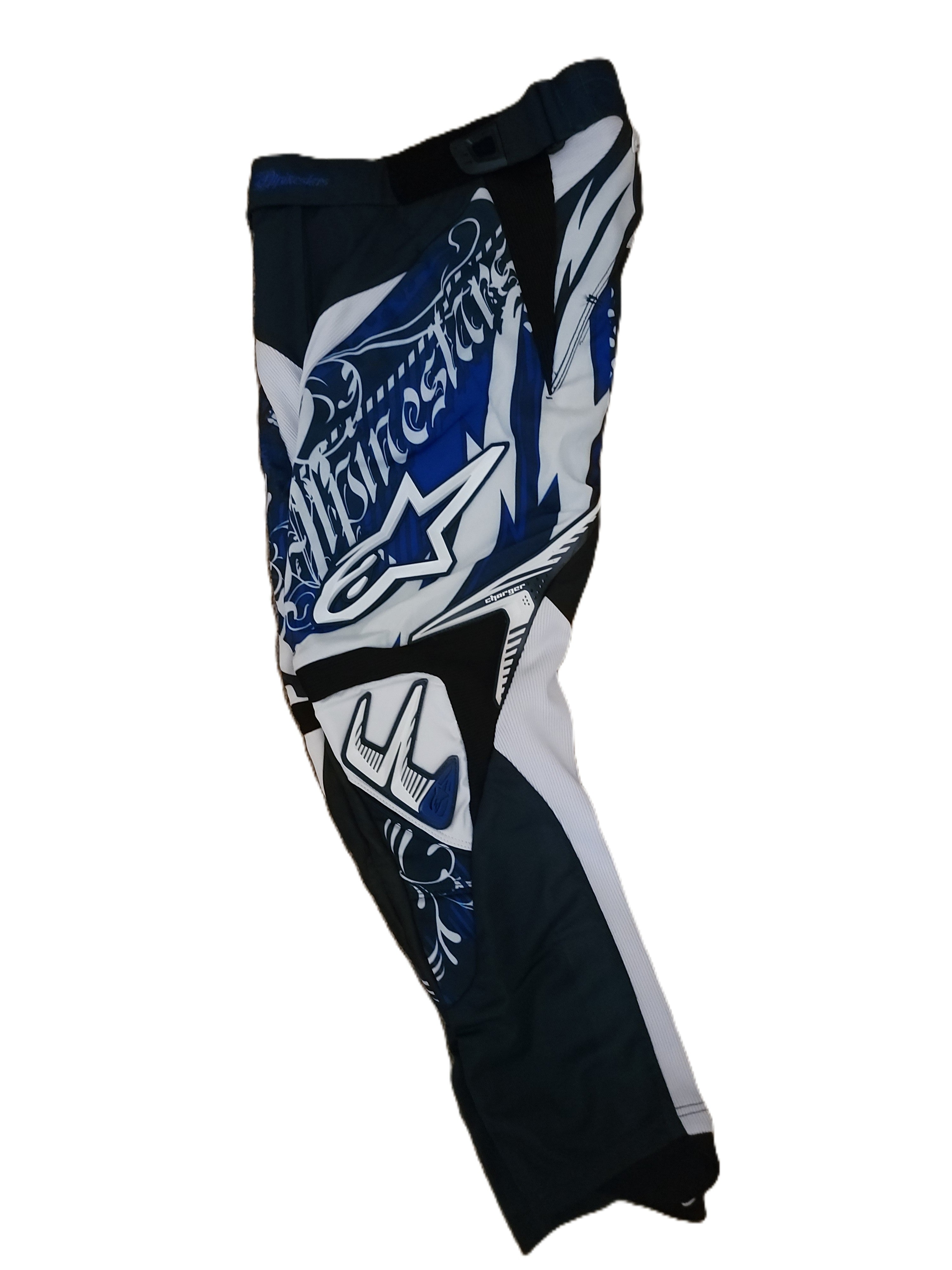 Motocross pants with blue and white design on a white background