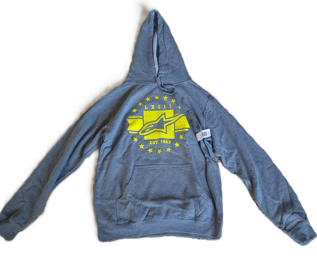 Blue hoodie with yellow logo on a white background