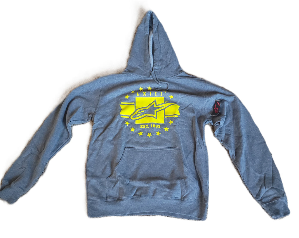 Blue hoodie with a yellow logo on a white background