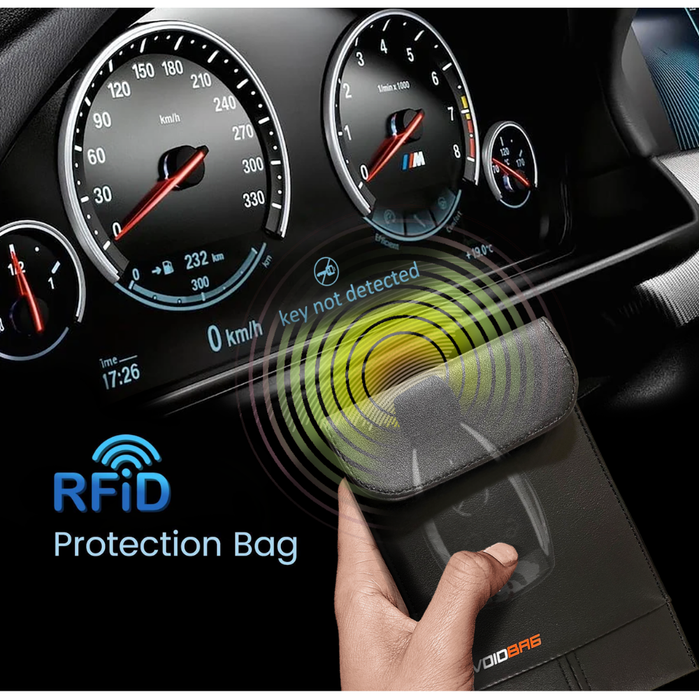 Car dashboard with RFID protection bag being held, displaying 'RFID Protection Bag' text.