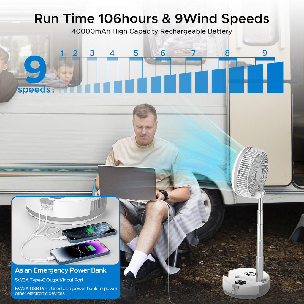 Neofeel Portable Oscillating Standing Fan, 40000mAh Rechargeable Battery Operated Fan with Remote/Timer, RGB Lighting Fan, Pedestal Floor Fan for Bedroom Party Camping (White, 40000mAh)