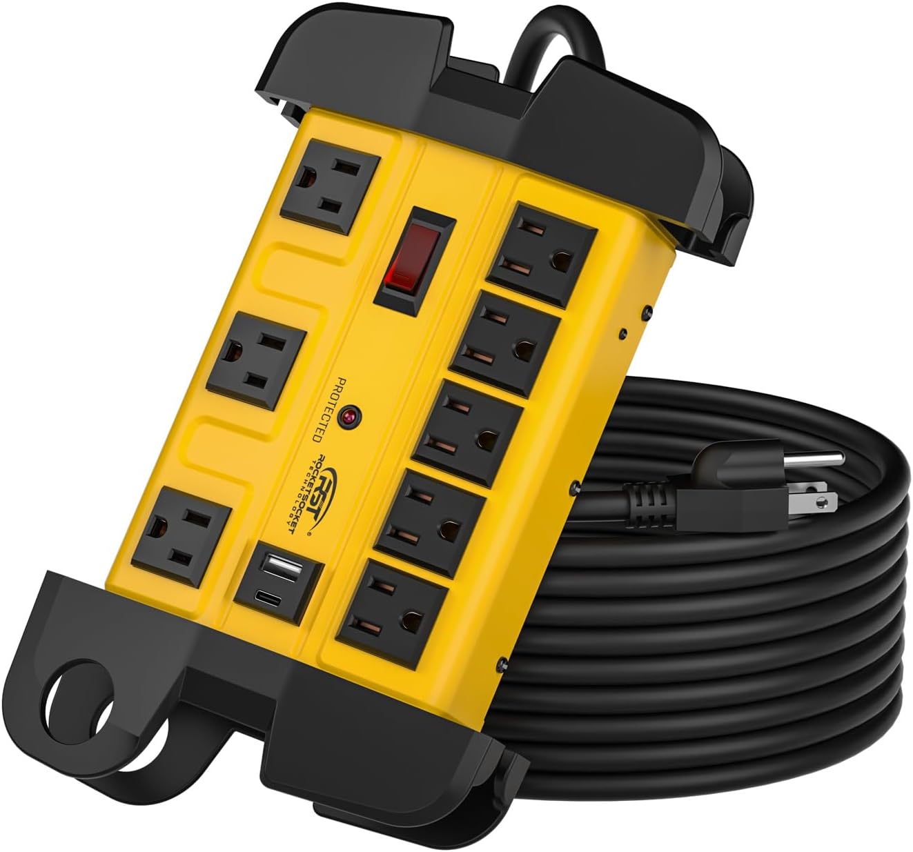 CRST Wide Spaced 8-Outlet Metal Power Strip Surge Protector, 1350 Joules, 6FT/15FT Heavy Duty Cord with Management Wrap,, USB-C & USB-A Ports, Wall Mountable Design