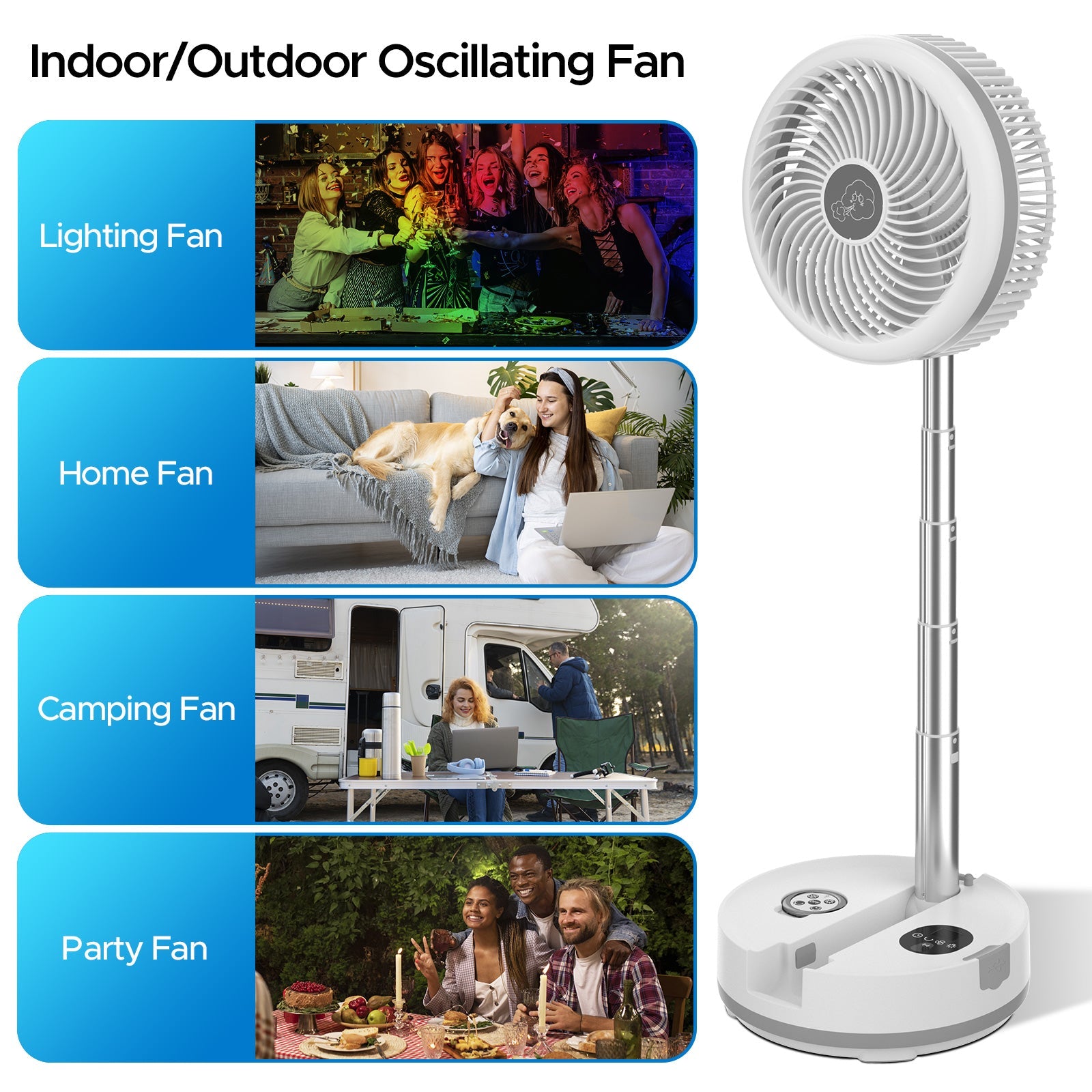 Neofeel Portable Oscillating Standing Fan, 40000mAh Rechargeable Battery Operated Fan with Remote/Timer, RGB Lighting Fan, Pedestal Floor Fan for Bedroom Party Camping (White, 40000mAh)