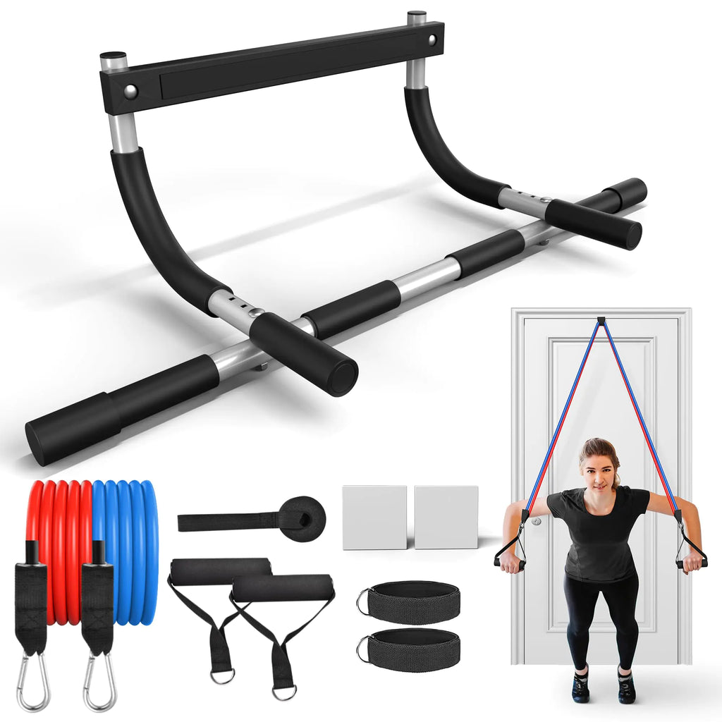 ONETWOFIT Pull Up Bar for Doorway Adjustable Door Frame Chin Up Bar Portable Pull-Up Bar for Home Gym Strength Training Upper Body Fitness Workout Exercise Bar with Resistance Bands Set