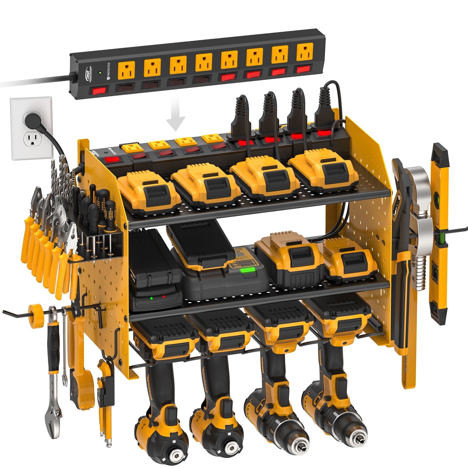 3 Layers Power Tools Organizer Wall Mount with Charging Station, Garage Tool Storage Rack Shelf with 8-Outlet Individual Switches Power Strip
