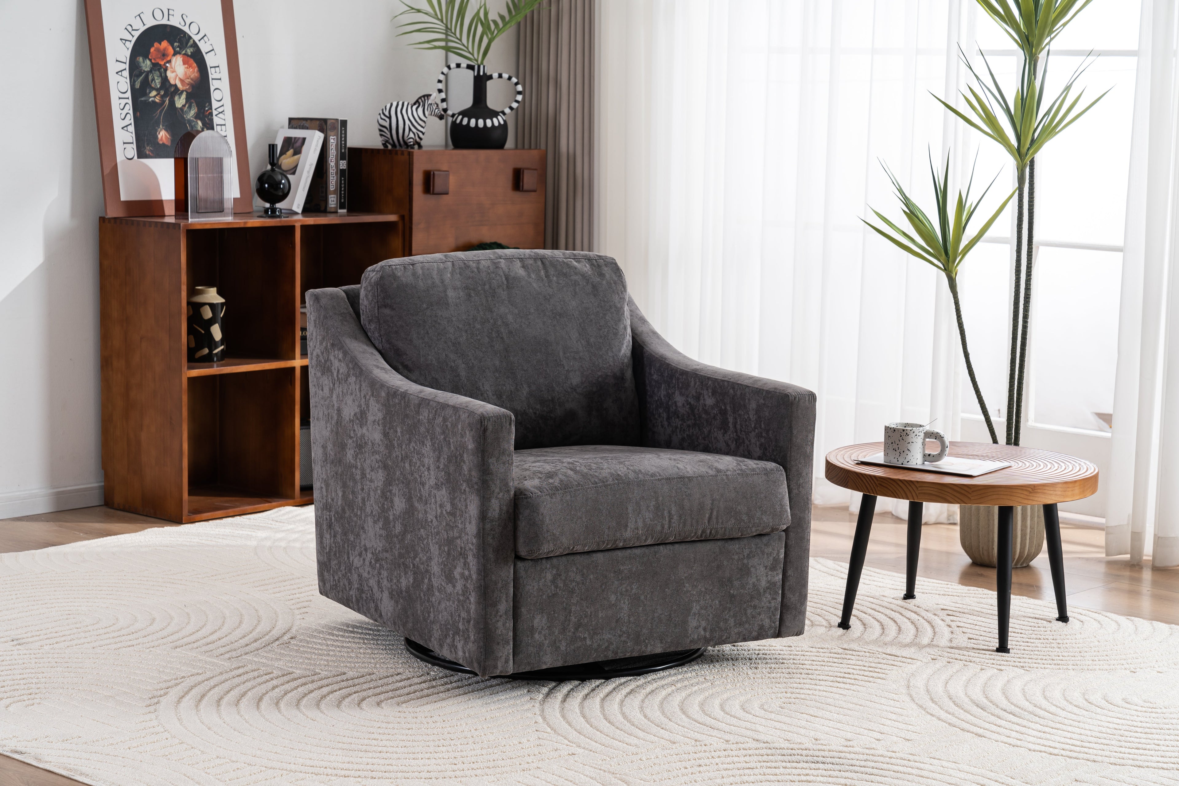 Large swivel chair, soft cushion armchair, modern chair, skin friendly gradient linen fabric, comfortable sitting gray