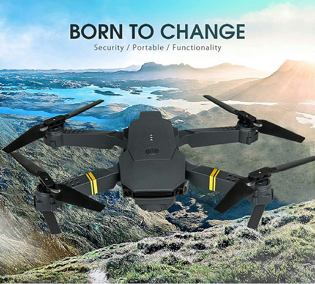 Black drone with yellow accents flying over a scenic landscape with mountains and water.
