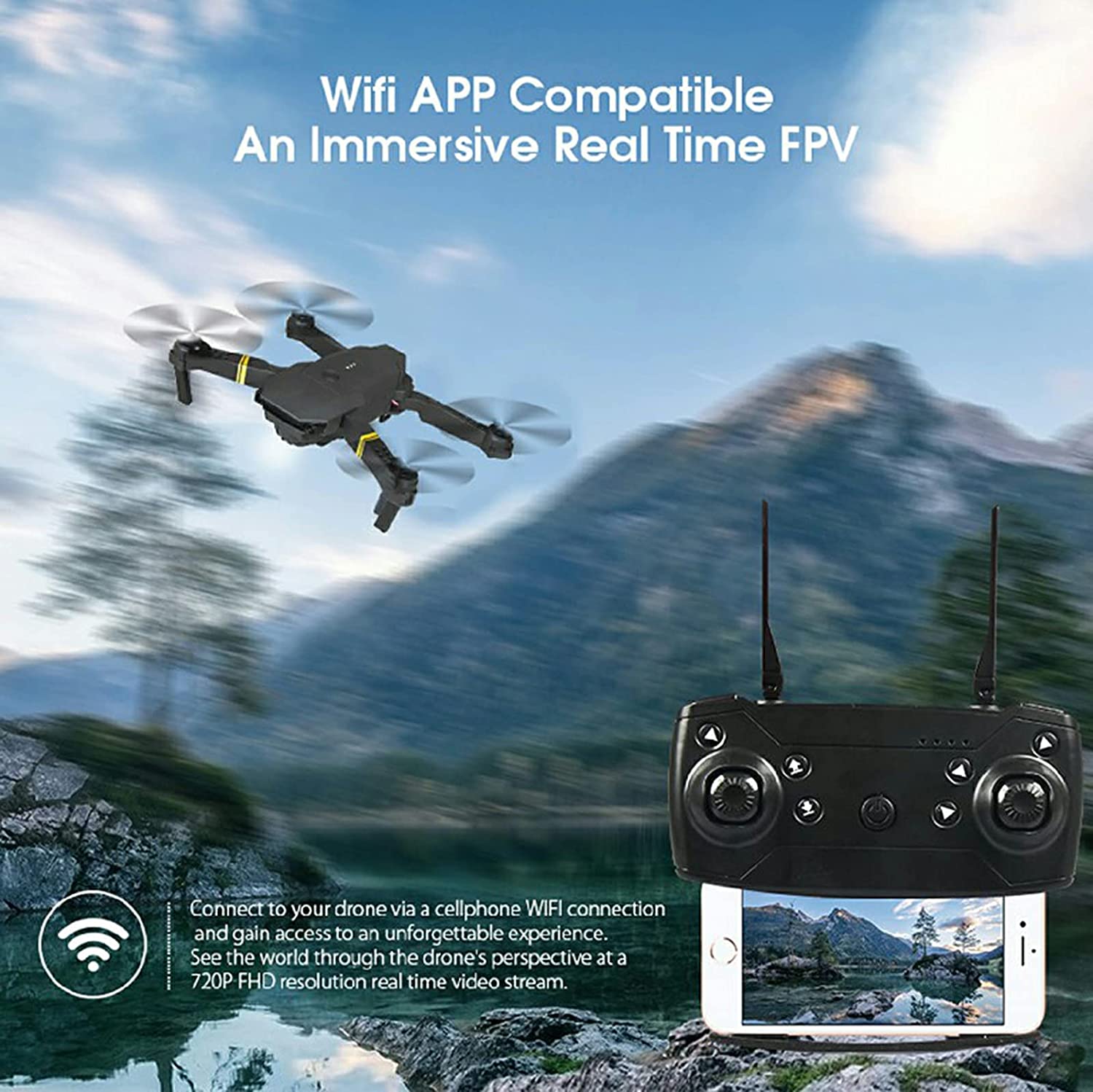 Drone flying over a scenic landscape with a controller and smartphone displaying the view.