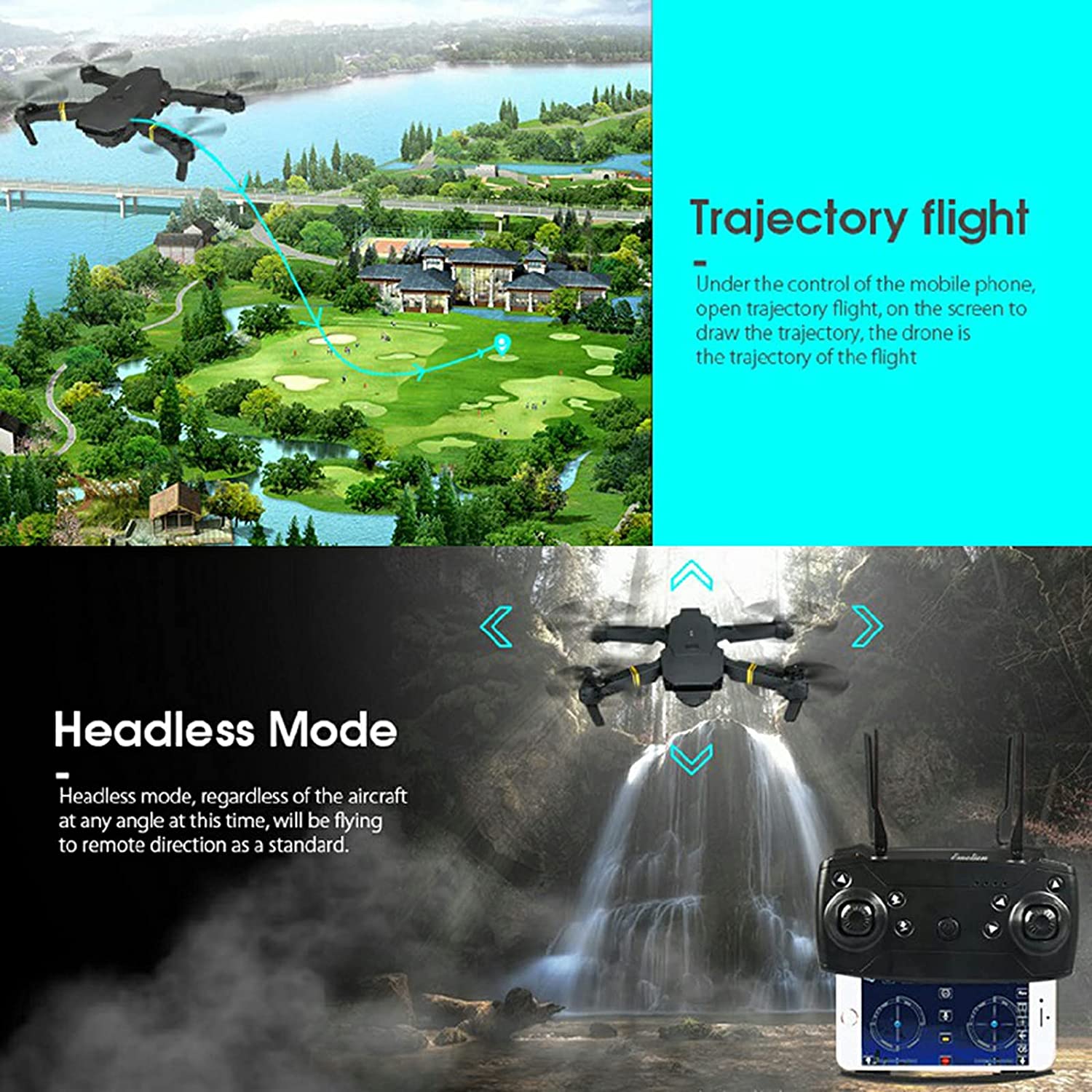 Drone with remote control and features like trajectory flight and headless mode displayed on a scenic background.