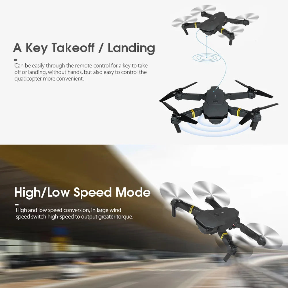 Drones with text on key takeoff/landing and high/low speed mode features.