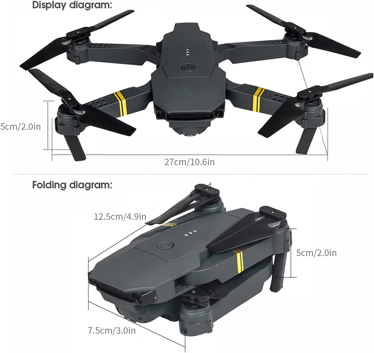 Black drone with measurement details on a white background
