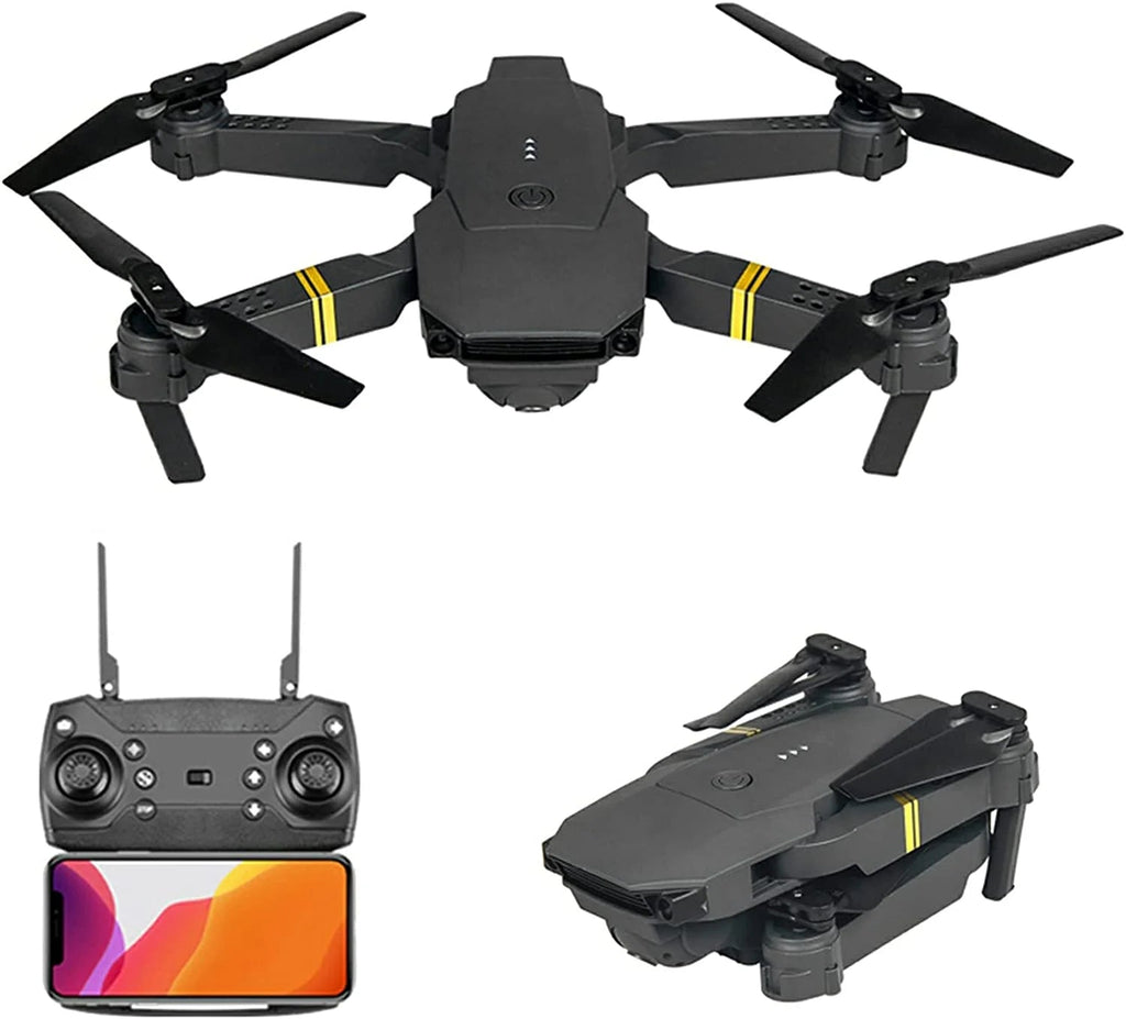 Black drone with folded wings, remote control, and smartphone displaying app interface on a white background