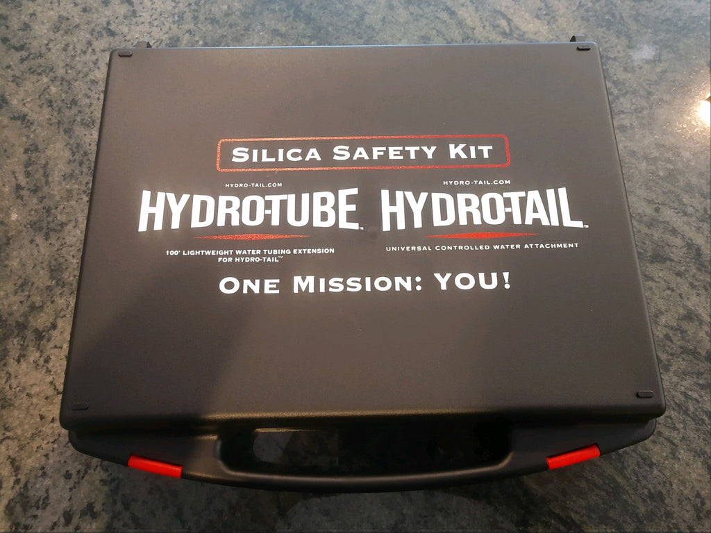 Silica safety kit box with 'HydroTube' and 'HydroTail' branding on a gray surface.