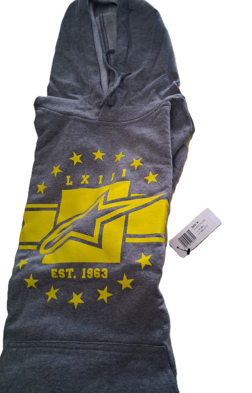 Gray hoodie with yellow logo and text on a white background