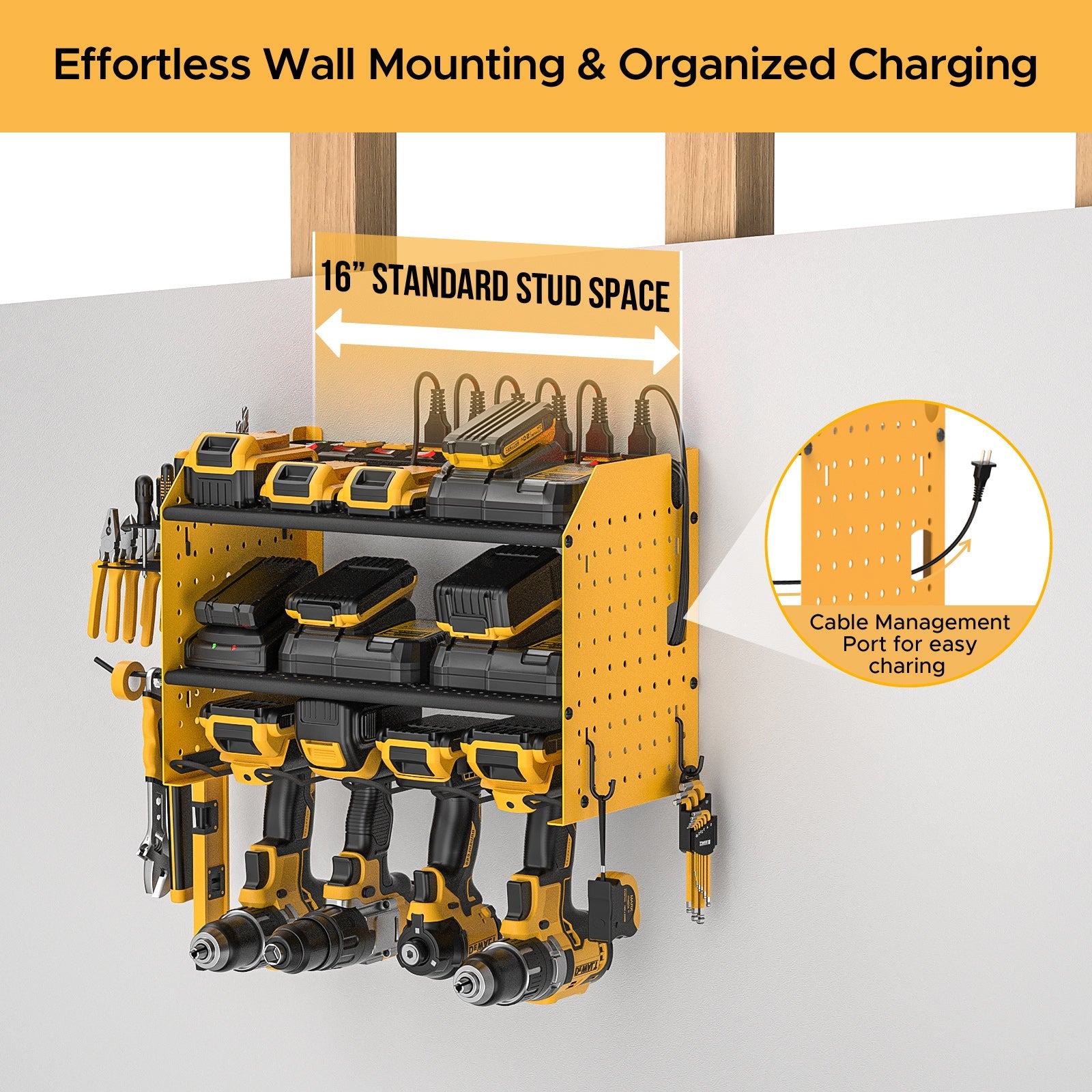 3 Layers Power Tools Organizer Wall Mount with Charging Station, Garage Tool Storage Rack Shelf with 8-Outlet Individual Switches Power Strip