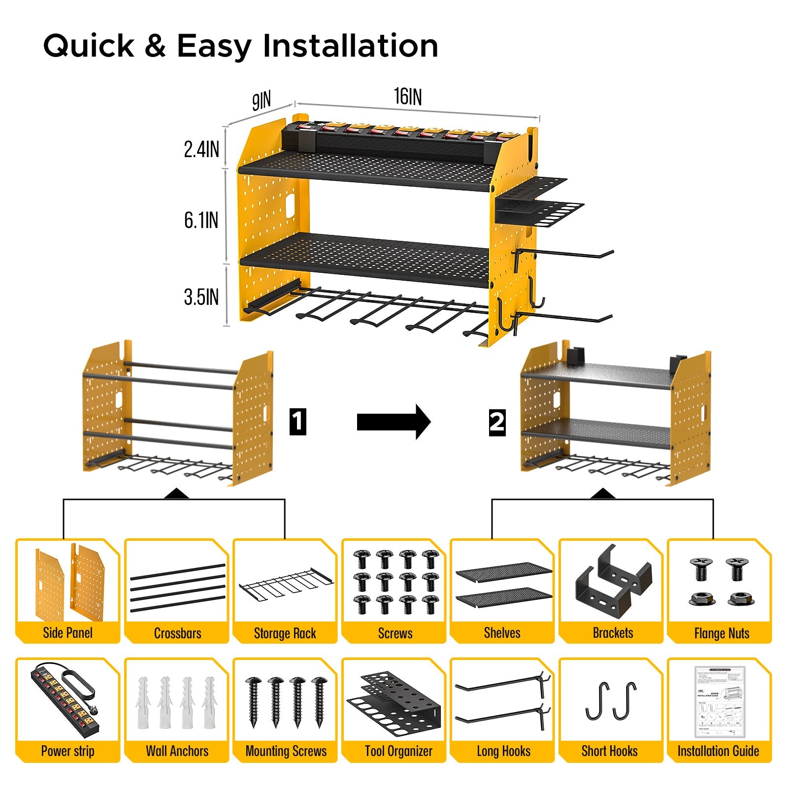 3 Layers Power Tools Organizer Wall Mount with Charging Station, Garage Tool Storage Rack Shelf with 8-Outlet Individual Switches Power Strip