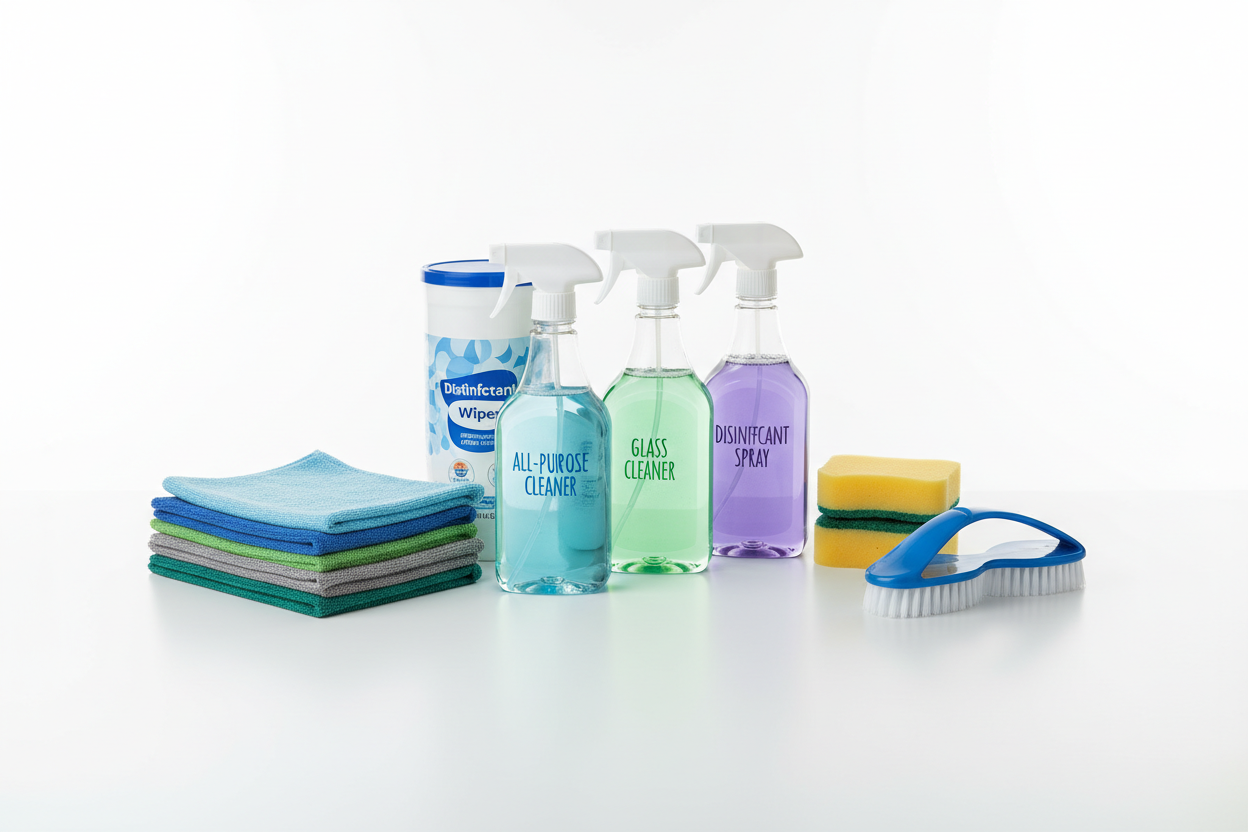 need photo for a page thats realistic with cleaning products for sale for online cleaning supply store\