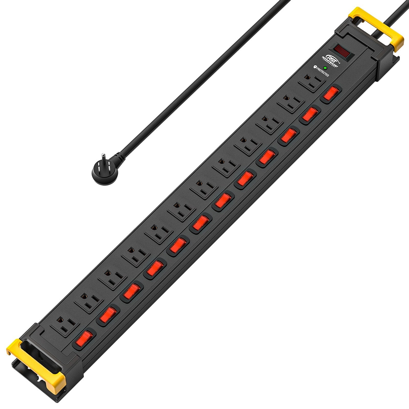 CRST 12-Outlet Metal Power Strip Surge Protector with Individual Switches, 1020 Joules, 9ft Heavy Duty 14AWG Cord, Dual Adjustable Cord Managers, Industrial Wall Mountable Power Bar for Workshop & Garage