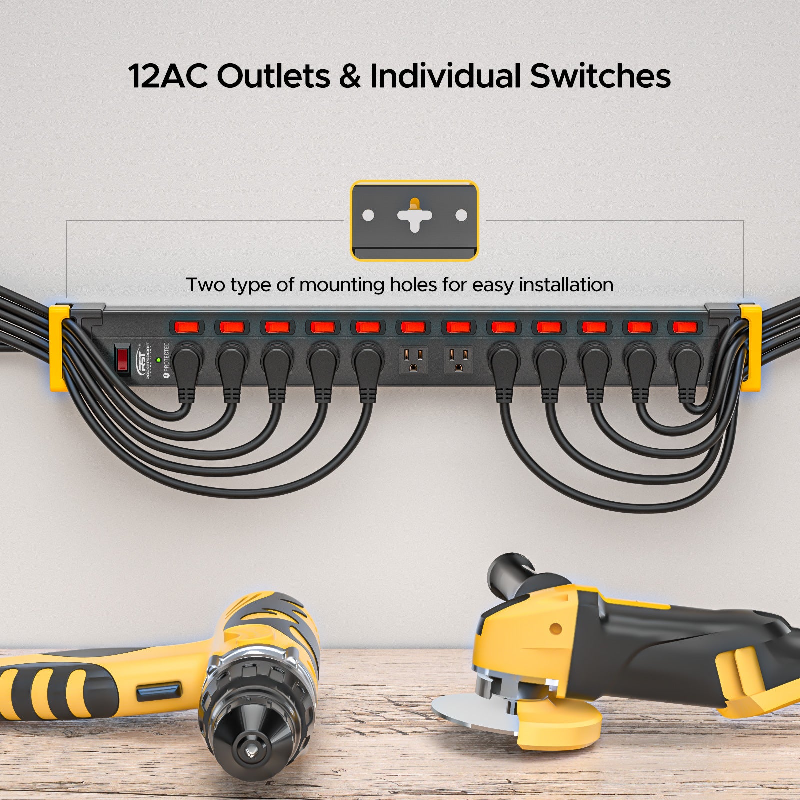 CRST 12-Outlet Metal Power Strip Surge Protector with Individual Switches, 1020 Joules, 9ft Heavy Duty 14AWG Cord, Dual Adjustable Cord Managers, Industrial Wall Mountable Power Bar for Workshop & Garage