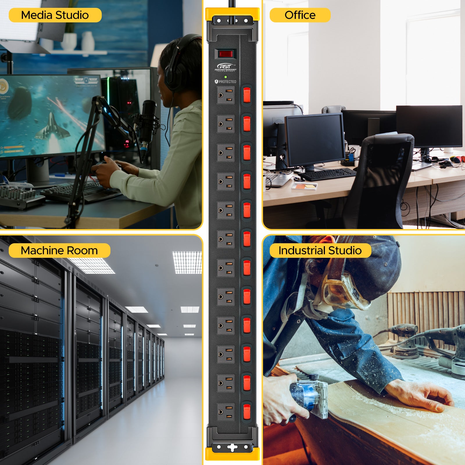 CRST 12-Outlet Metal Power Strip Surge Protector with Individual Switches, 1020 Joules, 9ft Heavy Duty 14AWG Cord, Dual Adjustable Cord Managers, Industrial Wall Mountable Power Bar for Workshop & Garage