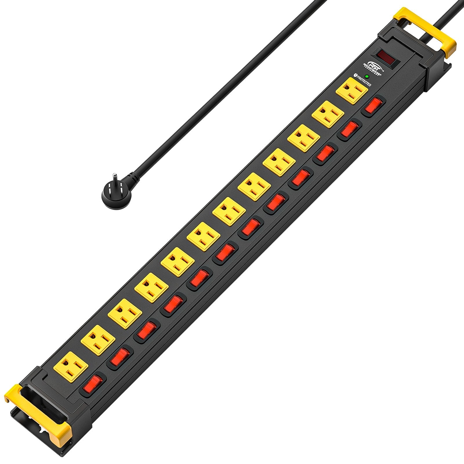 CRST 12-Outlet Metal Power Strip Surge Protector with Individual Switches, 1020 Joules, 9ft Heavy Duty 14AWG Cord, Dual Adjustable Cord Managers, Industrial Wall Mountable Power Bar for Workshop & Garage