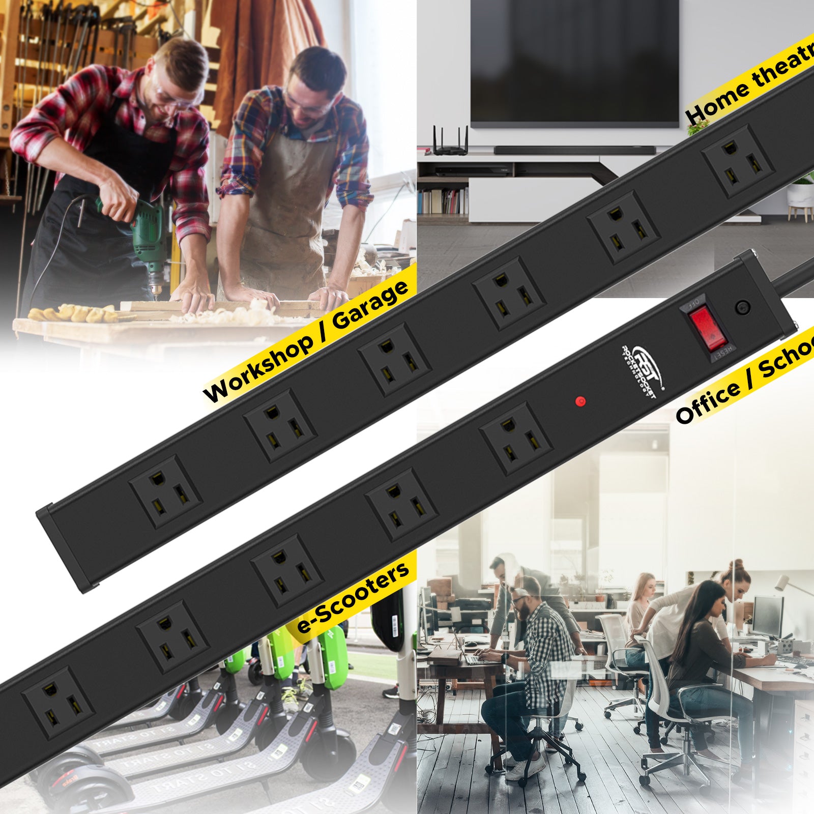 CRST 16-Outlet Metal Power Strip Surge Protector, 1800 Joules, 2.6" Ultra-Wide Spaced Outlets for Large Adapters, 15ft Heavy Duty Cord, Industrial Mountable Design with EMI Filter