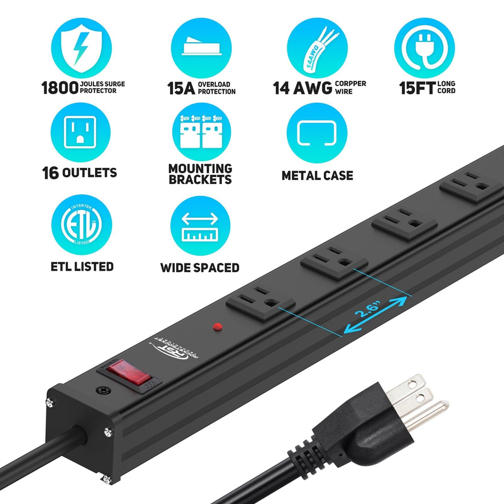 CRST 16-Outlet Metal Power Strip Surge Protector, 1800 Joules, 2.6" Ultra-Wide Spaced Outlets for Large Adapters, 15ft Heavy Duty Cord, Industrial Mountable Design with EMI Filter