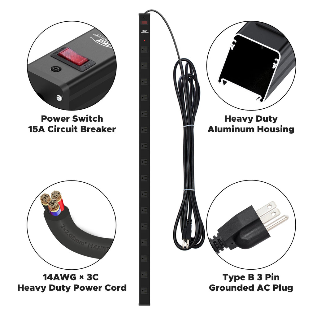 CRST 16-Outlet Metal Power Strip Surge Protector, 1800 Joules, 2.6" Ultra-Wide Spaced Outlets for Large Adapters, 15ft Heavy Duty Cord, Industrial Mountable Design with EMI Filter