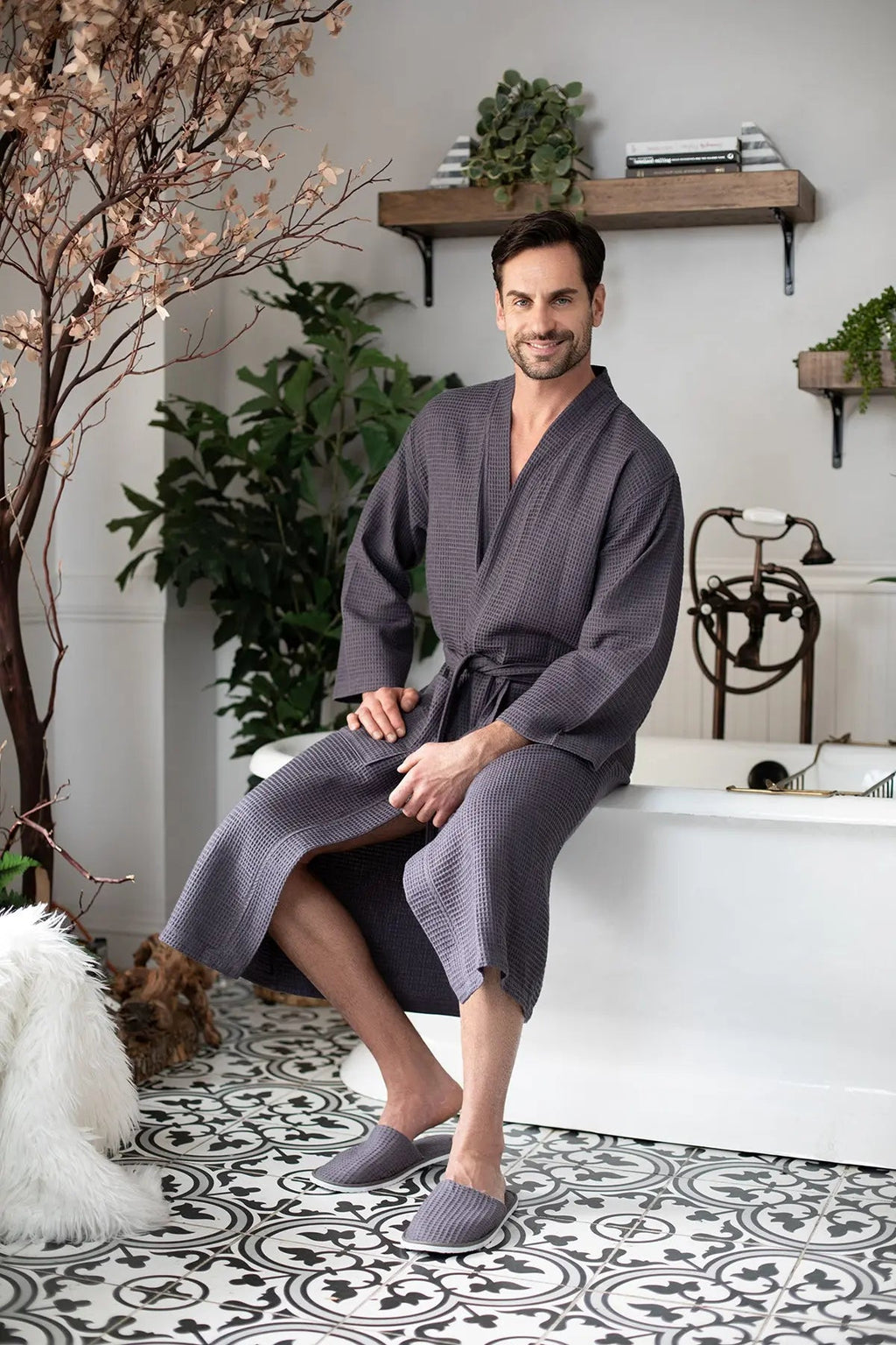 Waffle Spa Bathrobe for Men -  Absorbent, Lightweight